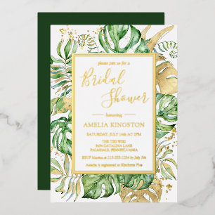 Invitación Con Relieve Metalizado Elegante Tropical Moderno Marco Dorado Ducha Brida