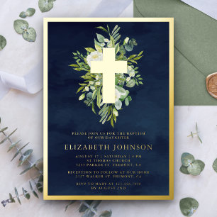 Invitación Con Relieve Metalizado Elegante vegetación acuarela Bautizo azul marino d