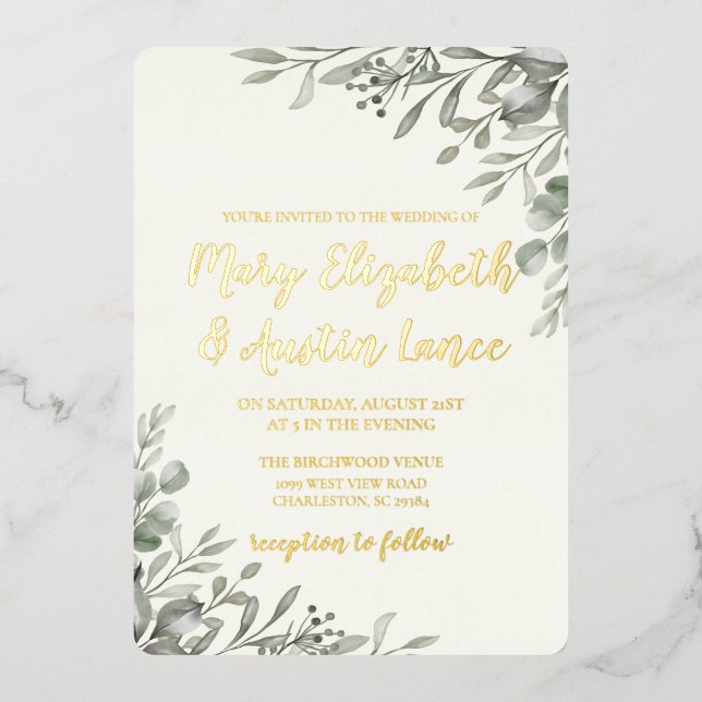 Invitación Con Relieve Metalizado Elegante vegetación acuática (Anverso)