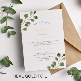 Invitación Con Relieve Metalizado Elegante vegetación de eucalipto Bautizo oro real