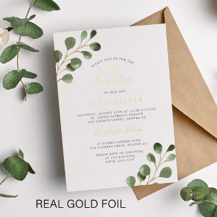 Invitación Con Relieve Metalizado Elegante vegetación de eucalipto Bautizo oro real