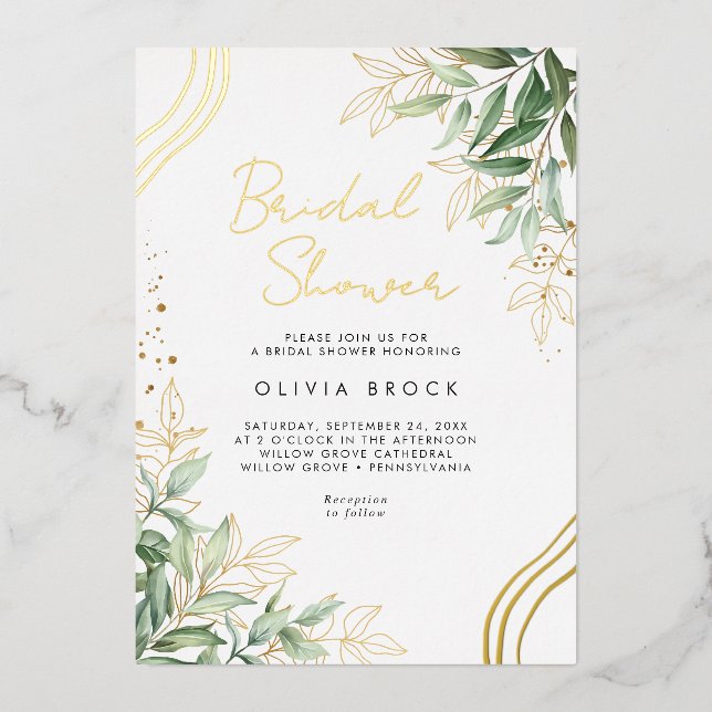 Invitación Con Relieve Metalizado Elegante vegetación Eucalyptus Ducha Nodal Moderna (Anverso)