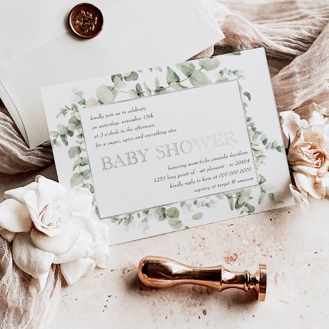 Invitación Con Relieve Metalizado Elegante vegetación Eucalyptus Foliage Baby Shower (Subido por el creador)