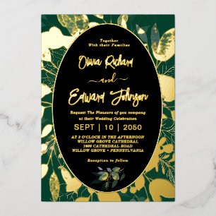 Invitación Con Relieve Metalizado Elegante vegetación hojas de marco geométrico oro