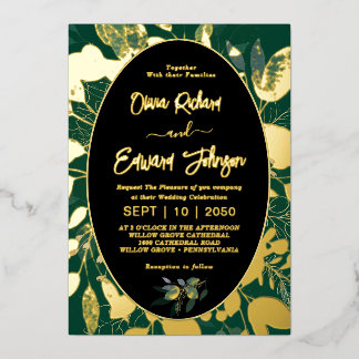Invitación Con Relieve Metalizado Elegante vegetación hojas de marco geométrico oro