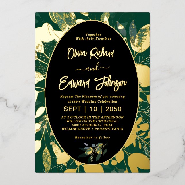 Invitación Con Relieve Metalizado Elegante vegetación hojas de marco geométrico oro (Anverso)