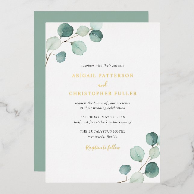Invitación Con Relieve Metalizado Elegante vegetación Rústico Eucalyptus Boda Oro (Anverso/Reverso)