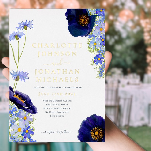 Invitación Con Relieve Metalizado Elegante verano Floral Azul y Oro (Elegant Blue summer floral watercolor and stylish Gold Foil typography script wedding invitation )