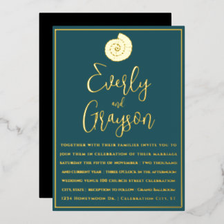 Invitación Con Relieve Metalizado Elegante Verde azulado Blue and Gold Beach Wedding