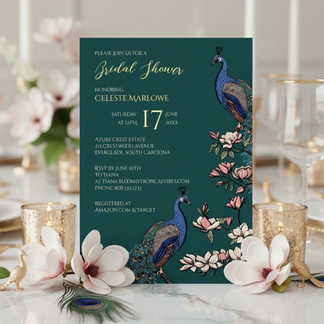 Invitación Con Relieve Metalizado Elegante Verde azulado Floral Peacock Bridal Showe (Elegant Teal, Gold Foil Floral Peacock Bridal Shower Invitations for Her. Classy Bird Teal Feathers)