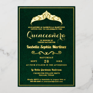 Invitación Con Relieve Metalizado Elegante verde esmeralda Quinceañera 15º cumpleaño