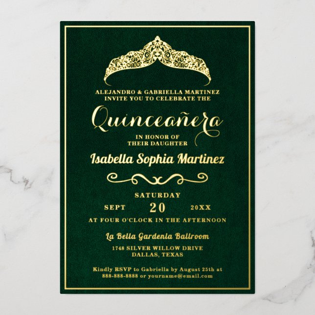 Invitación Con Relieve Metalizado Elegante verde esmeralda Quinceañera 15º cumpleaño (Anverso)