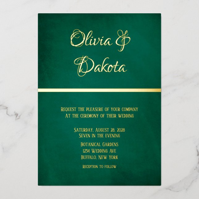 Invitación Con Relieve Metalizado Elegante Verde Esmeralda Y Boda De Oro (Anverso)