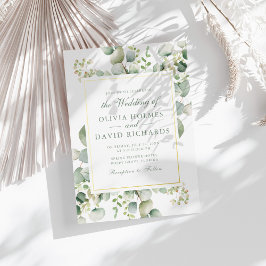 Invitación Con Relieve Metalizado Elegante Verde Eucalipto Botánico Boda Dorado