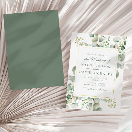 Invitación Con Relieve Metalizado Elegante Verde Eucalipto Botánico Boda Dorado