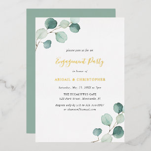 Invitación Con Relieve Metalizado Elegante Verde Eucalipto Fiesta de Compromiso Oro