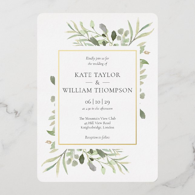 Invitación Con Relieve Metalizado Elegante verde floral Boda oro (Anverso)