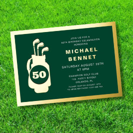 Invitación Con Relieve Metalizado Elegante Verde Golf Cumpleaños 50 Oro