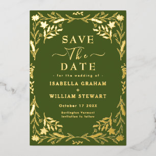 Invitación Con Relieve Metalizado Elegante Verde Musgo Chic Boho Guardar La Fecha