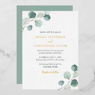 Invitación Con Relieve Metalizado Elegante Verde Rustico Boda Eucalipto Dorado