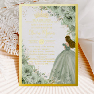 Invitación Con Relieve Metalizado Elegante Verde Sage Floral Princesa Dorada Quincea