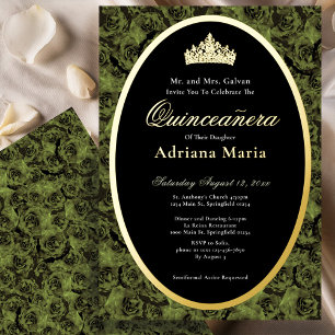 Invitación Con Relieve Metalizado Elegante Verde Salvia Floral Quinceanera Dorada  