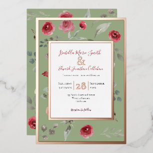 Invitación Con Relieve Metalizado Elegante Verde Salvia Rosas Burgundy Rosa Dorado