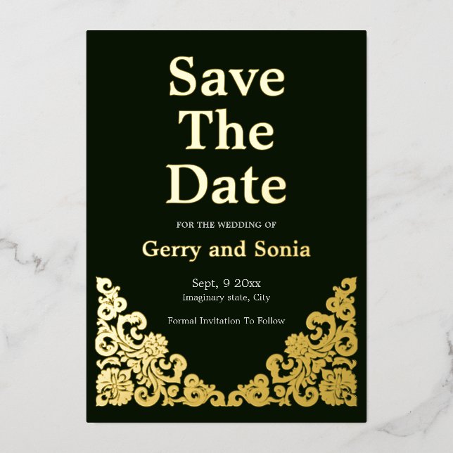 Invitación Con Relieve Metalizado Elegante verde y dorado (Anverso)