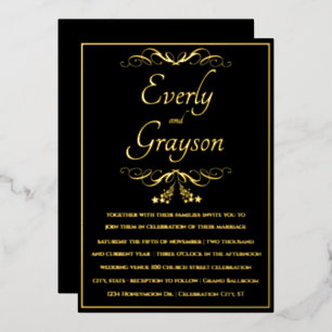 Invitación Con Relieve Metalizado Elegante Veri negro y Boda de oro