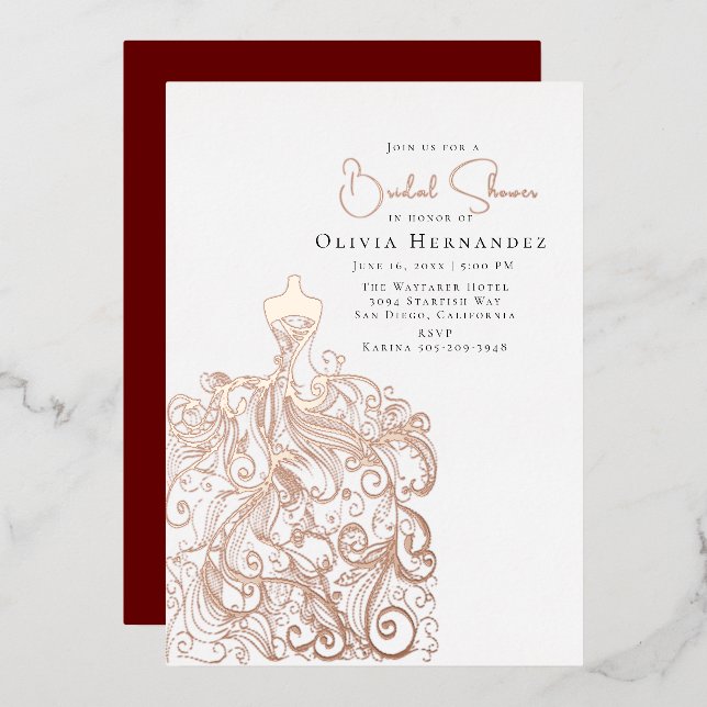 Invitación Con Relieve Metalizado Elegante vestido con bosquejo en ducha de novias (Anverso/Reverso)