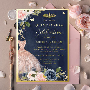 Invitación Con Relieve Metalizado Elegante vestido de flores de la Marina Rosa de Ti