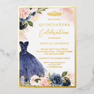Invitación Con Relieve Metalizado Elegante vestido de flores de la Marina Rosa de Ti
