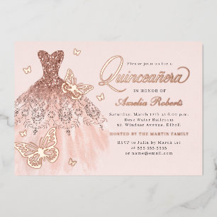 Invitación Con Relieve Metalizado Elegante vestido de mariposa de oro rosa Quinceane
