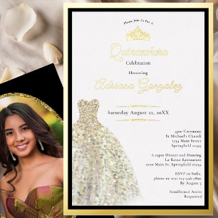 Invitación Con Relieve Metalizado Elegante vestido de oro cumpleaños 15 Quinceañera