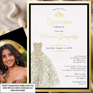 Invitación Con Relieve Metalizado Elegante vestido de oro cumpleaños 15 Quinceañera