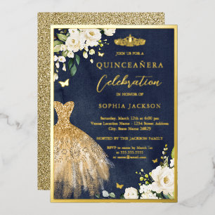 Invitación Con Relieve Metalizado Elegante vestido de quinceañera con tiara floral d