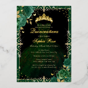 Invitación Con Relieve Metalizado Elegante vestido de quinceañera de rosa dorada esm