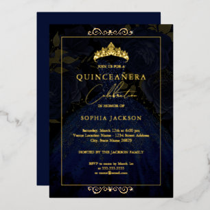 Invitación Con Relieve Metalizado Elegante vestido de quinceañera de rosa dorada y a