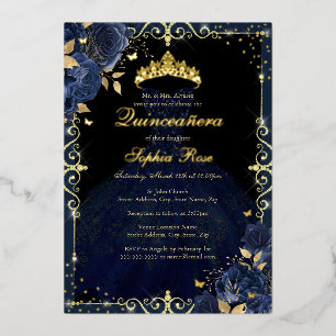 Invitación Con Relieve Metalizado Elegante vestido de quinceañera de rosa dorada y a