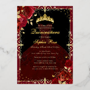 Invitación Con Relieve Metalizado Elegante vestido de quinceañera rojo dorado rosa