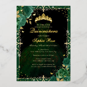 Invitación Con Relieve Metalizado Elegante vestido de Rosa de oro esmeralda Quincean