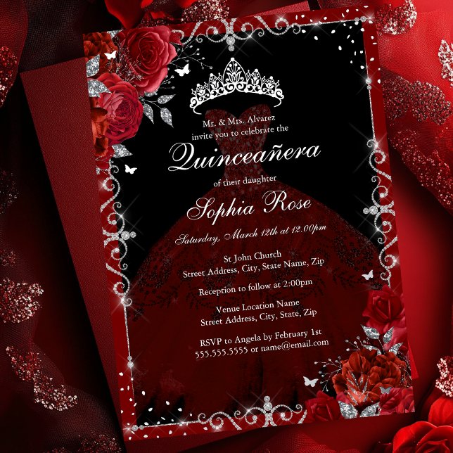 Invitación Con Relieve Metalizado Elegante vestido de Rosa de Plata Roja Quinceanera (Subido por el creador)