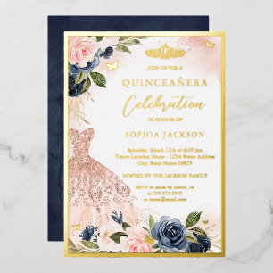 Invitación Con Relieve Metalizado Elegante vestido de tiara floral rosa y azul marin