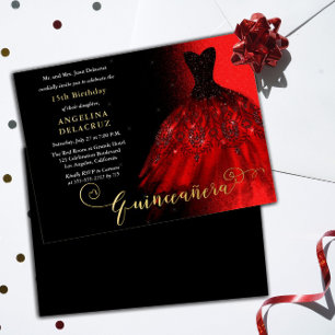 Invitación Con Relieve Metalizado Elegante vestido español de rojo rubí Quinceañera 
