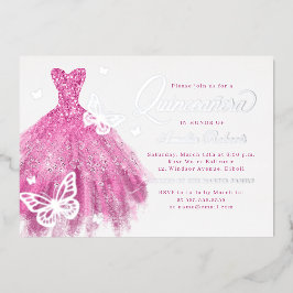 Invitación Con Relieve Metalizado Elegante Vestido Mariposa Rosa Plata Quinceanera