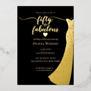 Invitación Con Relieve Metalizado Elegante vestido negro dorado 50 y cumpleaños fabu