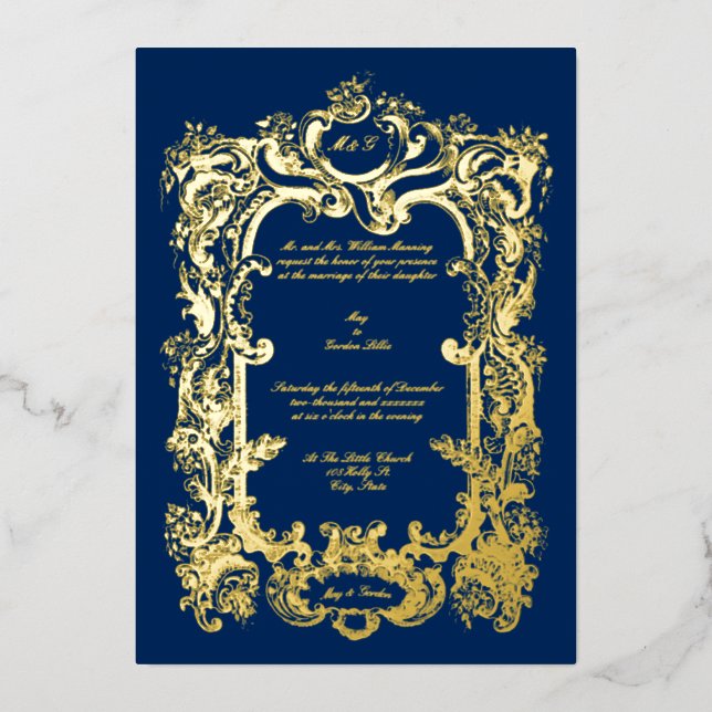 Invitación Con Relieve Metalizado Elegante victoriano Cartouche 1845 (Anverso)