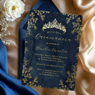 Invitación Con Relieve Metalizado Elegante Vintage Floral Navy Gold Quinceanera