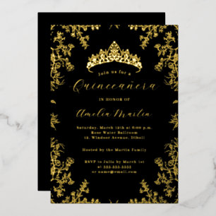 Invitación Con Relieve Metalizado Elegante Vintage Floral Oro Negro Quinceanera