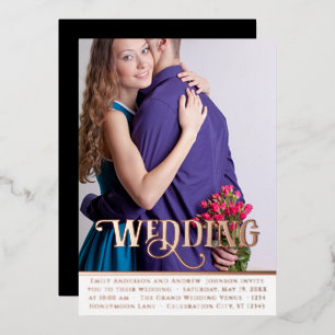 Invitación Con Relieve Metalizado Elegante Vintage Moderno Oro Rosa Foto Boda Foi